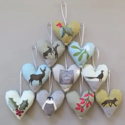 Christmas Padded Heart Hanging Decorations, Holly, Mistletoe, Berries, Handmade