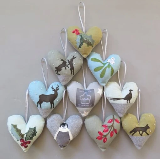 Christmas Padded Heart Hanging Decorations, Holly, Mistletoe, Berries, Handmade