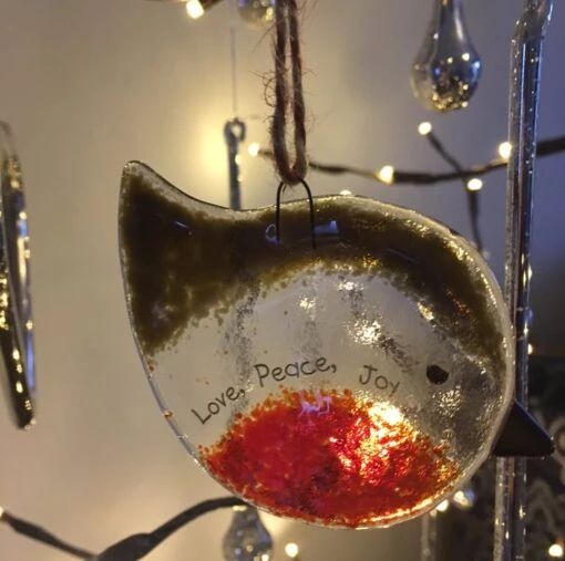 Handmade Fused Glass Love, Peace, Joy Robin Christmas Decoration -Christmas Homeware & Accessories Shop featureditemlargei 112