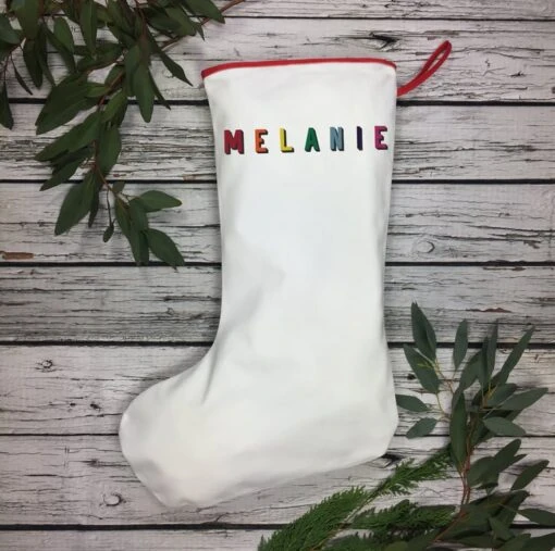 Large Christmas Stocking- Whole Name In 'Bingley Bang' Rainbow Type. White, Red, -Christmas Homeware & Accessories Shop featureditemlargei 1129