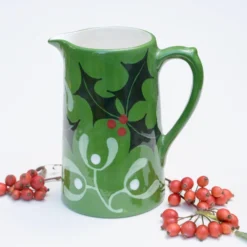 Christmas Holly And Mistletoe Farmhouse Jug - Hand Painted