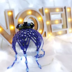 Silver And Dark Blue Crochet Lace Vintage Style Christmas Bauble, N4