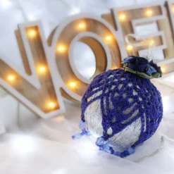 Silver And Dark Blue Crochet Lace Vintage Style Christmas Bauble, N4 -Christmas Homeware & Accessories Shop featureditemlargei 1145