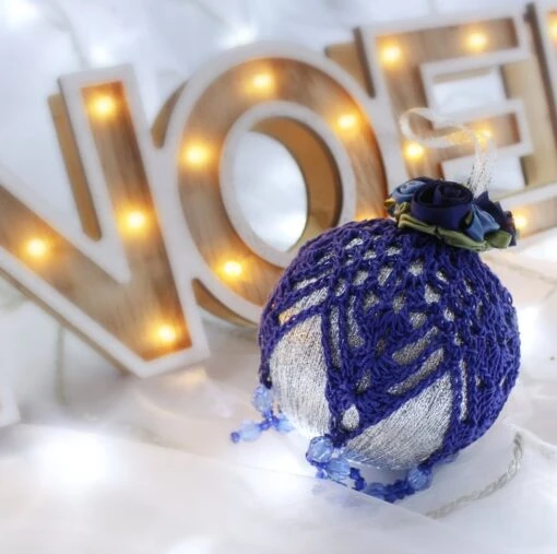Silver And Dark Blue Crochet Lace Vintage Style Christmas Bauble, N4 -Christmas Homeware & Accessories Shop featureditemlargei 1145