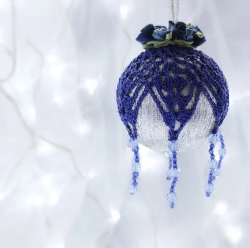 Silver And Dark Blue Crochet Lace Vintage Style Christmas Bauble, N4 -Christmas Homeware & Accessories Shop featureditemlargei 1150