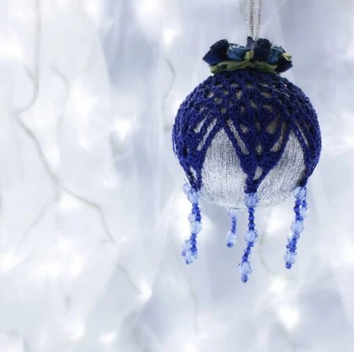 Silver And Dark Blue Crochet Lace Vintage Style Christmas Bauble, N4 -Christmas Homeware & Accessories Shop featureditemlargei 1151