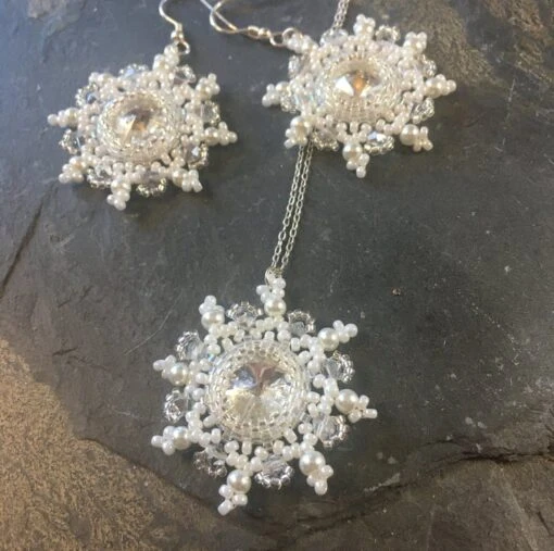 Sterling Silver Beaded Snowflake Gift Set, Christmas Necklace And Earrings