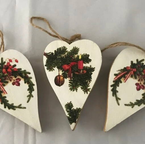 Decorated Rustic Christmas Wood Bark Heart Decorations Vintage-look Set Of 3