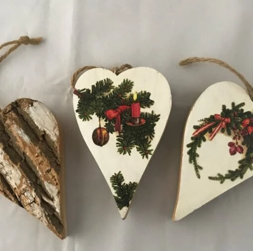 Decorated Rustic Christmas Wood Bark Heart Decorations Vintage-look Set Of 3 -Christmas Homeware & Accessories Shop featureditemlargei 1201