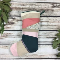 Handmade Christmas Stocking- Patchwork Punch Hook! Cream, Green And Pink Colour