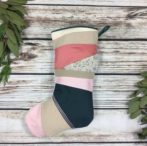 Handmade Christmas Stocking- Patchwork Punch Hook! Cream, Green And Pink Colour