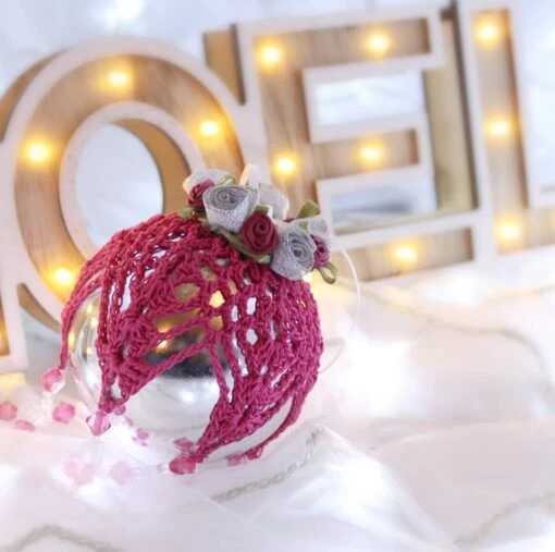 Silver And Dark Pink Crochet Lace Vintage Style Christmas Bauble, Z3 -Christmas Homeware & Accessories Shop featureditemlargei 1284