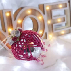 Silver And Dark Pink Crochet Lace Vintage Style Christmas Bauble, Z3 -Christmas Homeware & Accessories Shop featureditemlargei 1286