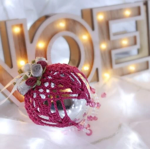 Silver And Dark Pink Crochet Lace Vintage Style Christmas Bauble, Z3 -Christmas Homeware & Accessories Shop featureditemlargei 1286