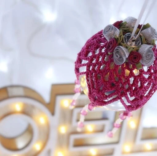 Silver And Dark Pink Crochet Lace Vintage Style Christmas Bauble, Z3 -Christmas Homeware & Accessories Shop featureditemlargei 1287