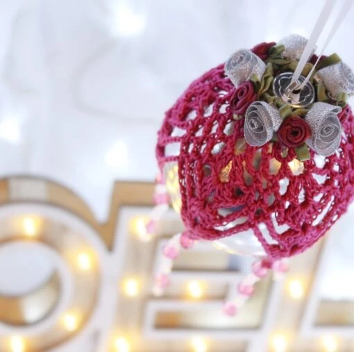 Silver And Dark Pink Crochet Lace Vintage Style Christmas Bauble, Z3 -Christmas Homeware & Accessories Shop featureditemlargei 1288