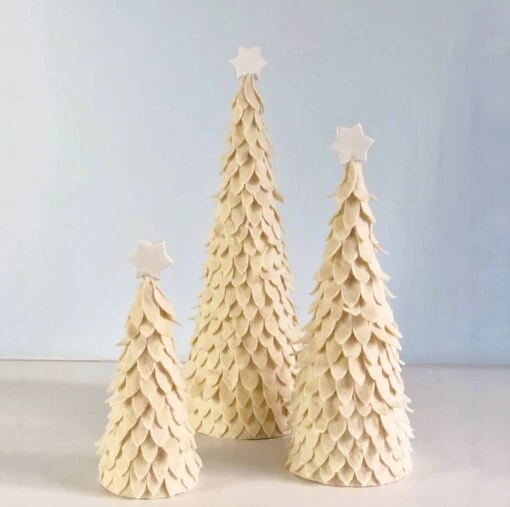 Set Of 3 Ivory Fabric Christmas Trees