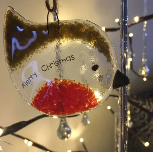 Handmade Fused Glass Merry Christmas Robin Christmas Decoration