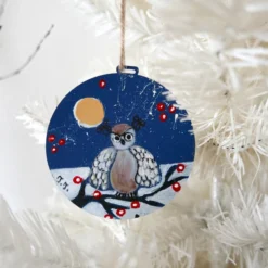 Owl Christmas Decoration, Hand-painted Bauble, Blue Hanging Ornament -Christmas Homeware & Accessories Shop featureditemlargei 1475