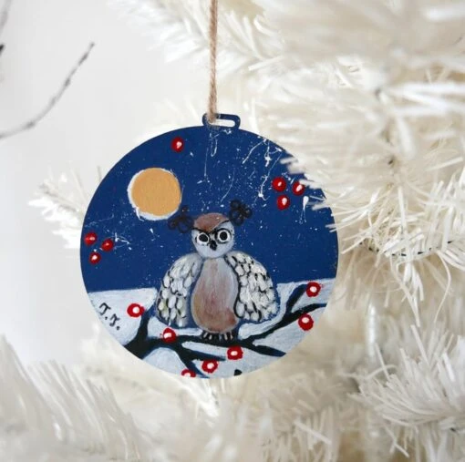 Owl Christmas Decoration, Hand-painted Bauble, Blue Hanging Ornament -Christmas Homeware & Accessories Shop featureditemlargei 1475