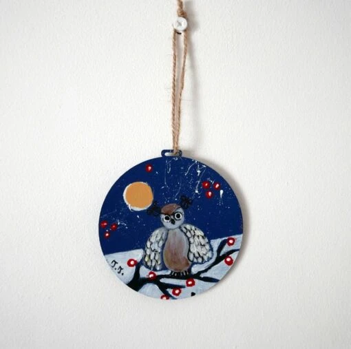 Owl Christmas Decoration, Hand-painted Bauble, Blue Hanging Ornament -Christmas Homeware & Accessories Shop featureditemlargei 1476