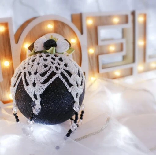 Black And White Crochet Lace Vintage Style Christmas Bauble, U3