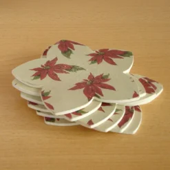 Christmas Coasters, Set Of 6, Poinsettia Design Flower Shape Wooden Coasters