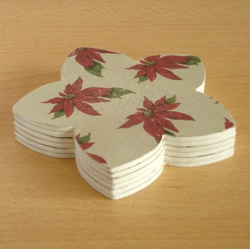 Christmas Coasters, Set Of 6, Poinsettia Design Flower Shape Wooden Coasters -Christmas Homeware & Accessories Shop featureditemlargei 1570