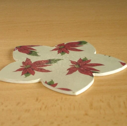 Christmas Coasters, Set Of 6, Poinsettia Design Flower Shape Wooden Coasters -Christmas Homeware & Accessories Shop featureditemlargei 1571