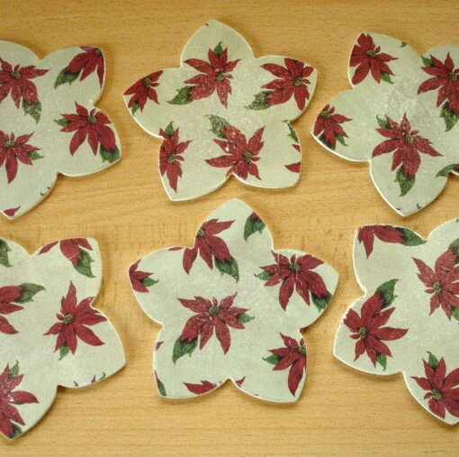 Christmas Coasters, Set Of 6, Poinsettia Design Flower Shape Wooden Coasters -Christmas Homeware & Accessories Shop featureditemlargei 1572