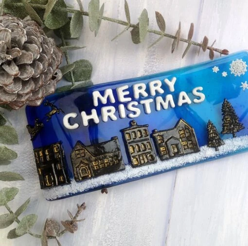 Handmade Fused Glass 3D Merry Christmas Free Standing Curved Picture Decoration -Christmas Homeware & Accessories Shop featureditemlargei 1608