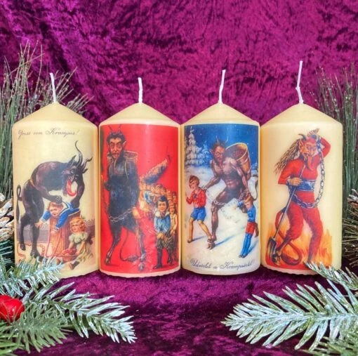 Set Of Four Kitsch Festive Christmas Krampus Scented Candles