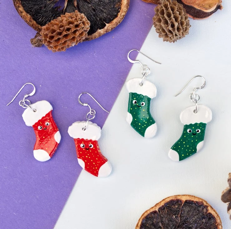 Cosy Christmas Winter Stocking Dangly Painted Clay Earrings 1 Cosy Christmas Winter Stocking Dangly Painted Clay Earrings