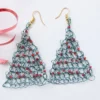 Green Christmas Tree Dangly Earrings, Crocheted Wire With Red Baubles, 6cm Long,