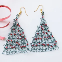 Green Christmas Tree Dangly Earrings, Crocheted Wire With Red Baubles, 6cm Long,