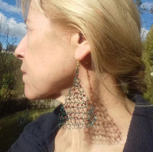 Green Christmas Tree Dangly Earrings, Crocheted Wire With Red Baubles, 6cm Long, -Christmas Homeware & Accessories Shop featureditemlargei 1864