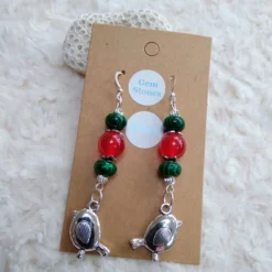 Real Smooth RUBY And MALACHITE Beaded ROBIN CHRISTMAS Earrings