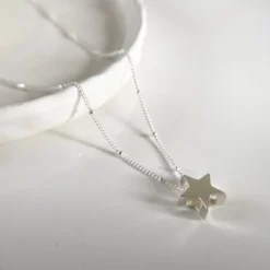 Christmas Silver Star Necklace, Sterling Silver Satellite Chain Necklace, Handma