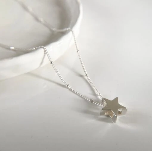 Christmas Silver Star Necklace, Sterling Silver Satellite Chain Necklace, Handma