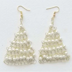 Gold Christmas Tree Dangly Earrings, Crocheted Wire, Pearl Baubles, 6.5cm Long