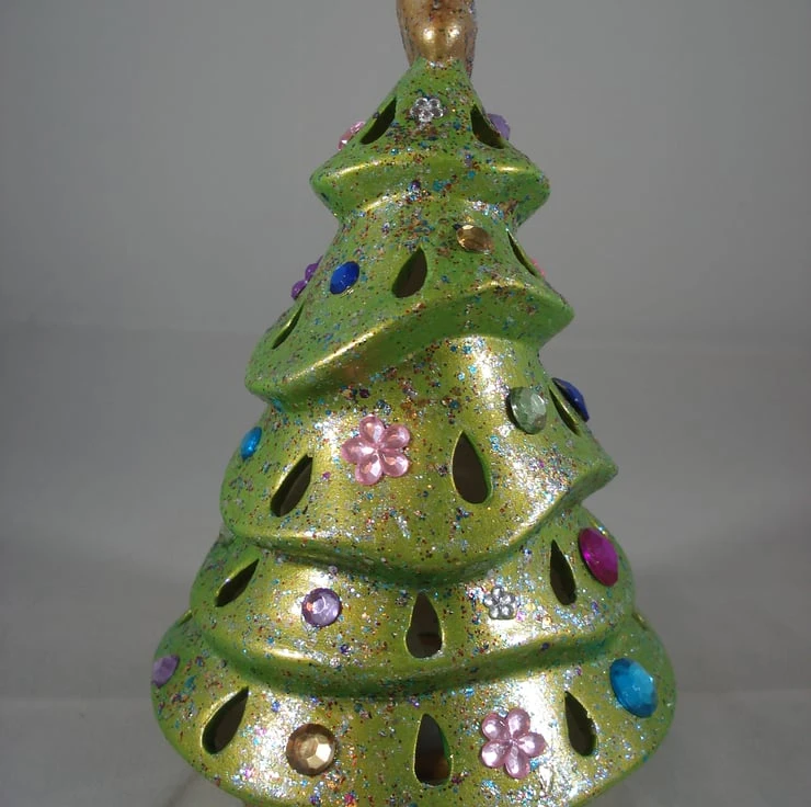 Green Glittery Ceramic Xmas Christmas Tree Candle Tea Light Holder Decoration. 2 Green Glittery Ceramic Xmas Christmas Tree Candle Tea Light Holder Decoration. - Image 2