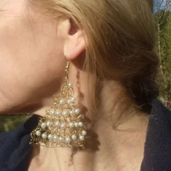 Gold Christmas Tree Dangly Earrings, Crocheted Wire, Pearl Baubles, 6.5cm Long -Christmas Homeware & Accessories Shop featureditemlargei 1941