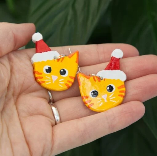 Cute Christmas Cat Dangly Painted Clay Earrings Xmas Cat Gift -Christmas Homeware & Accessories Shop featureditemlargei 1949