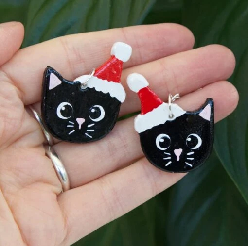Cute Christmas Cat Dangly Painted Clay Earrings Xmas Cat Gift -Christmas Homeware & Accessories Shop featureditemlargei 1950