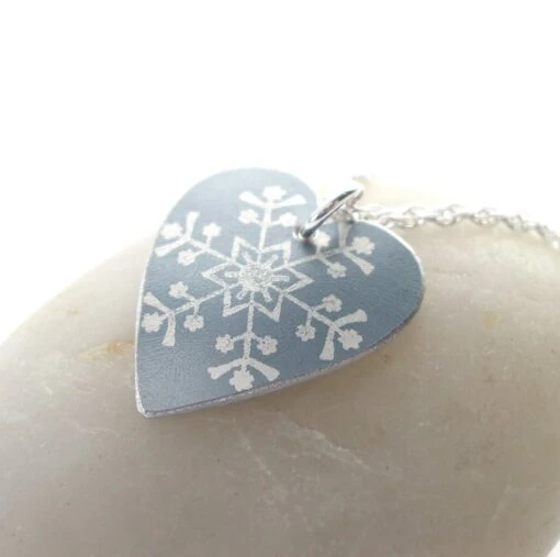 Christmas Snowflake Heart Pendant In Silver Grey