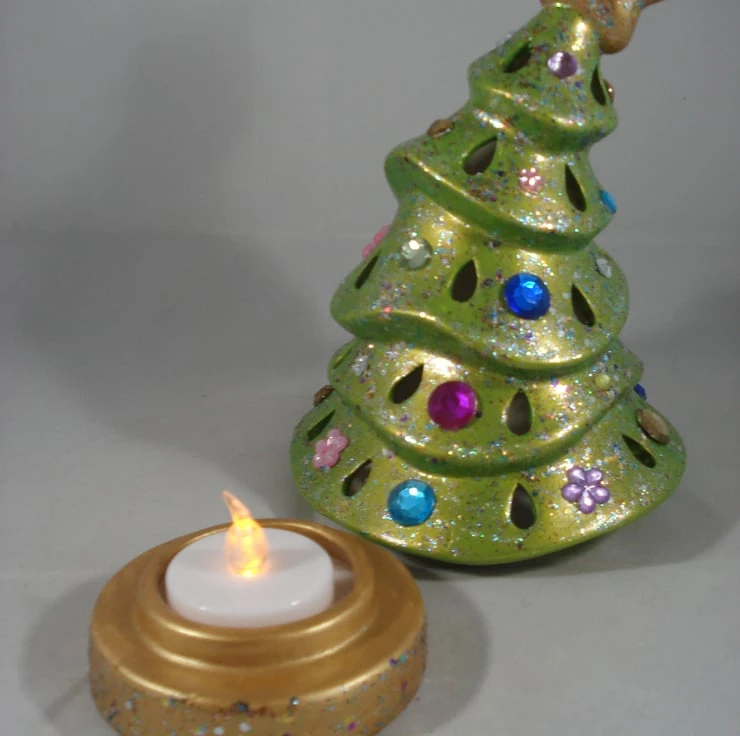 Green Glittery Ceramic Xmas Christmas Tree Candle Tea Light Holder Decoration. 6 Green Glittery Ceramic Xmas Christmas Tree Candle Tea Light Holder Decoration. - Image 6