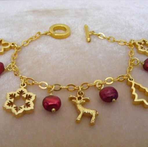 Red Pearls With Christmas Charms Bracelet