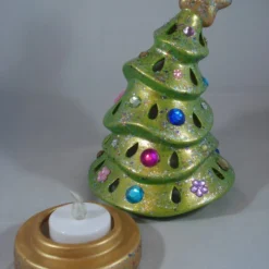 Green Glittery Ceramic Xmas Christmas Tree Candle Tea Light Holder Decoration. -Christmas Homeware & Accessories Shop featureditemlargei 199