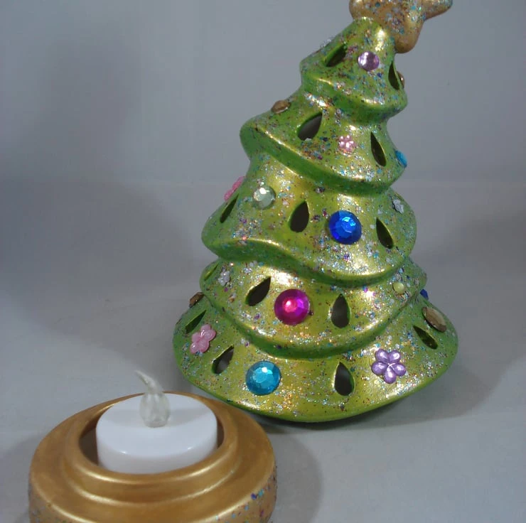 Green Glittery Ceramic Xmas Christmas Tree Candle Tea Light Holder Decoration. 7 Green Glittery Ceramic Xmas Christmas Tree Candle Tea Light Holder Decoration. - Image 7