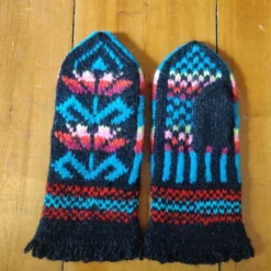 Hand Knit Wool Mittens Black Blue Red Pink Traditional Fairisle Nordic Christmas
